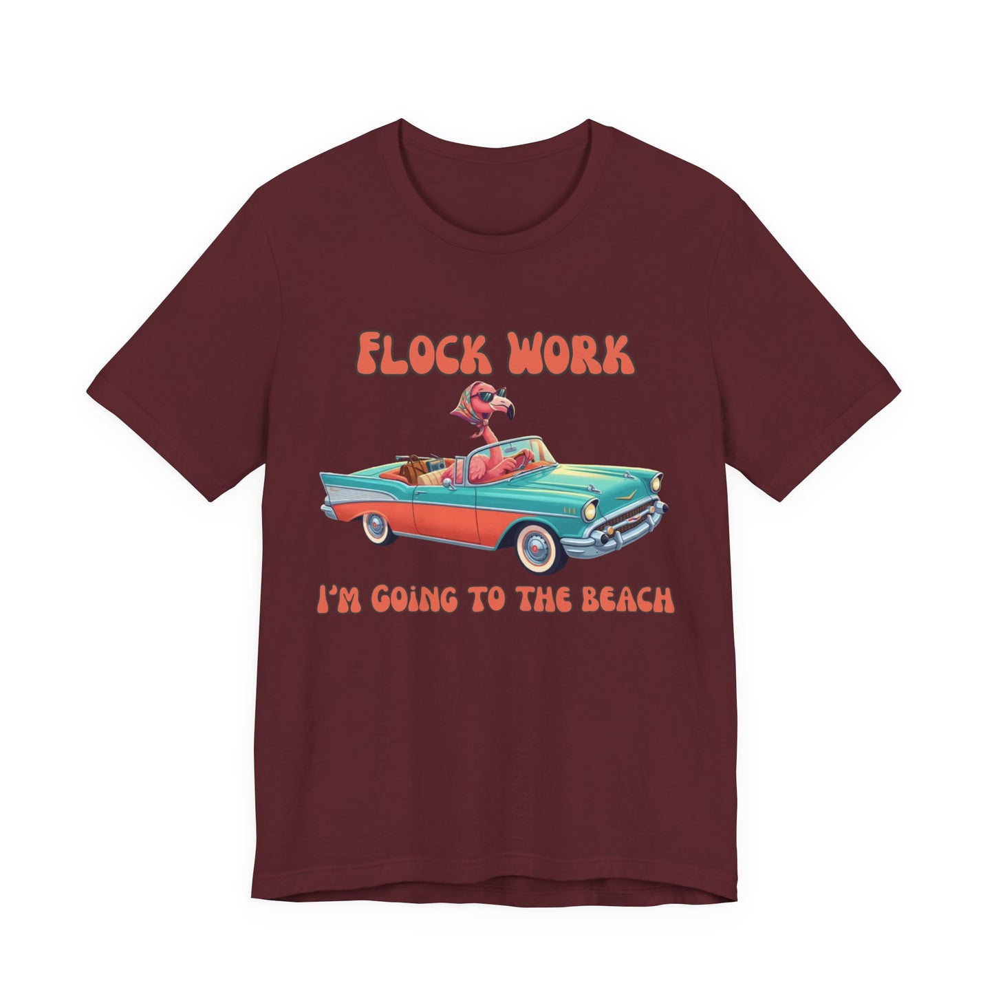 Flock Work I’m Going to the Beach Shirt, Retro Vacation Graphic, Funny Coastal Road Trip, Flamingo Convertible Tee
