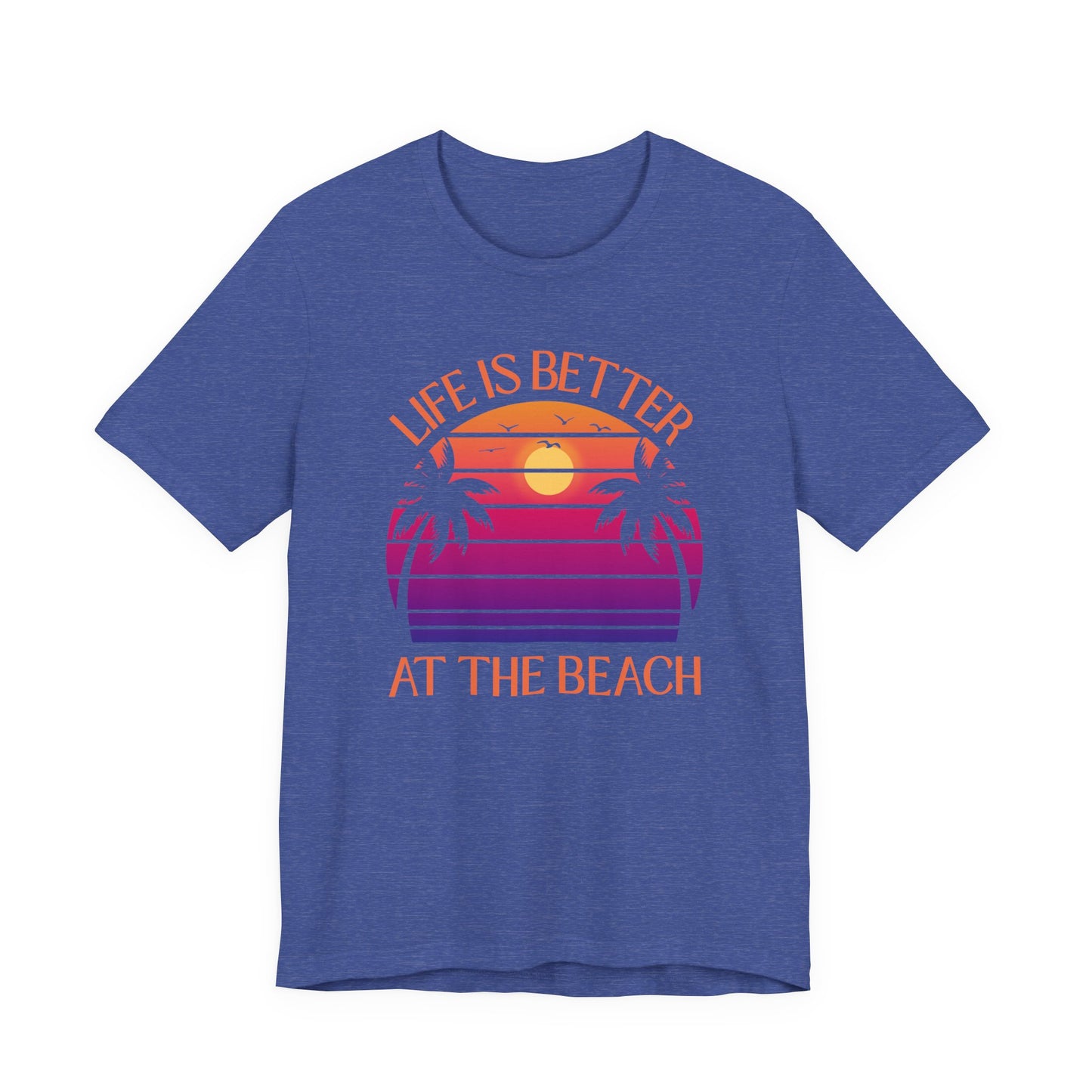 Life Is Better At The Beach Unisex T-Shirt - Retro Sunset Palm - Orange Lettering