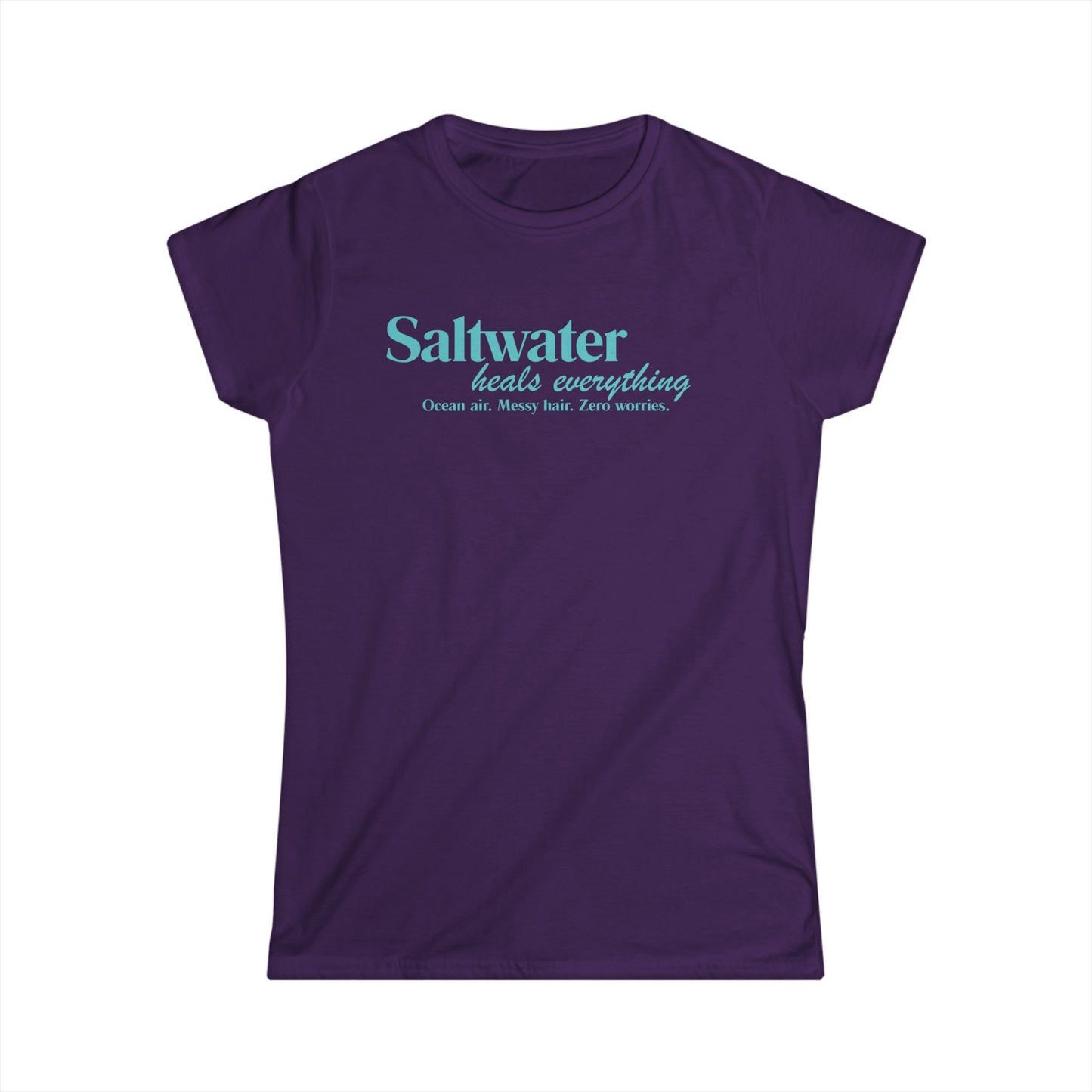 Saltwater Heals Everything Women's T-Shirt - Beach Coastal Graphic Shirt Blue Lettering