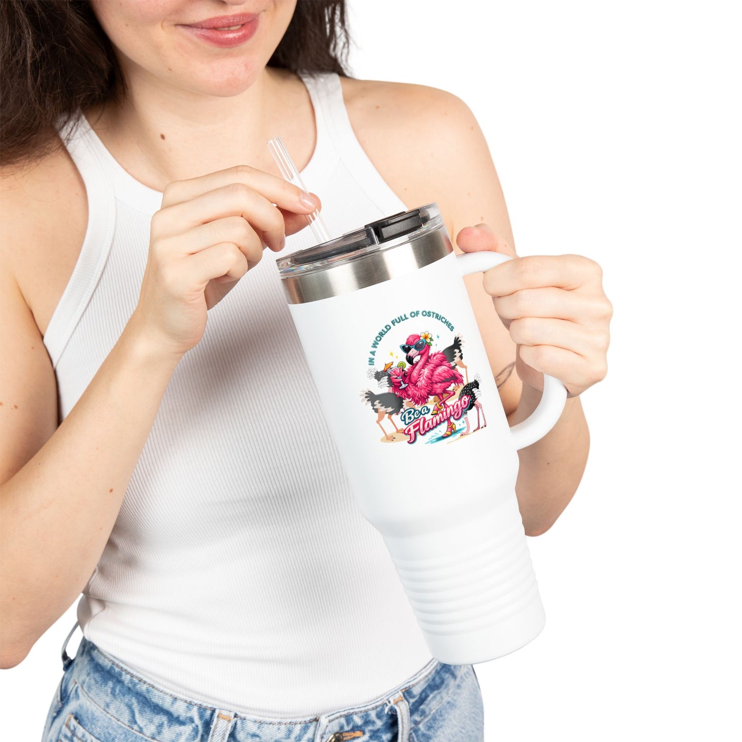 40oz Insulated Travel Drink Mug - Retro Flamingo Beach Vibes Tumbler