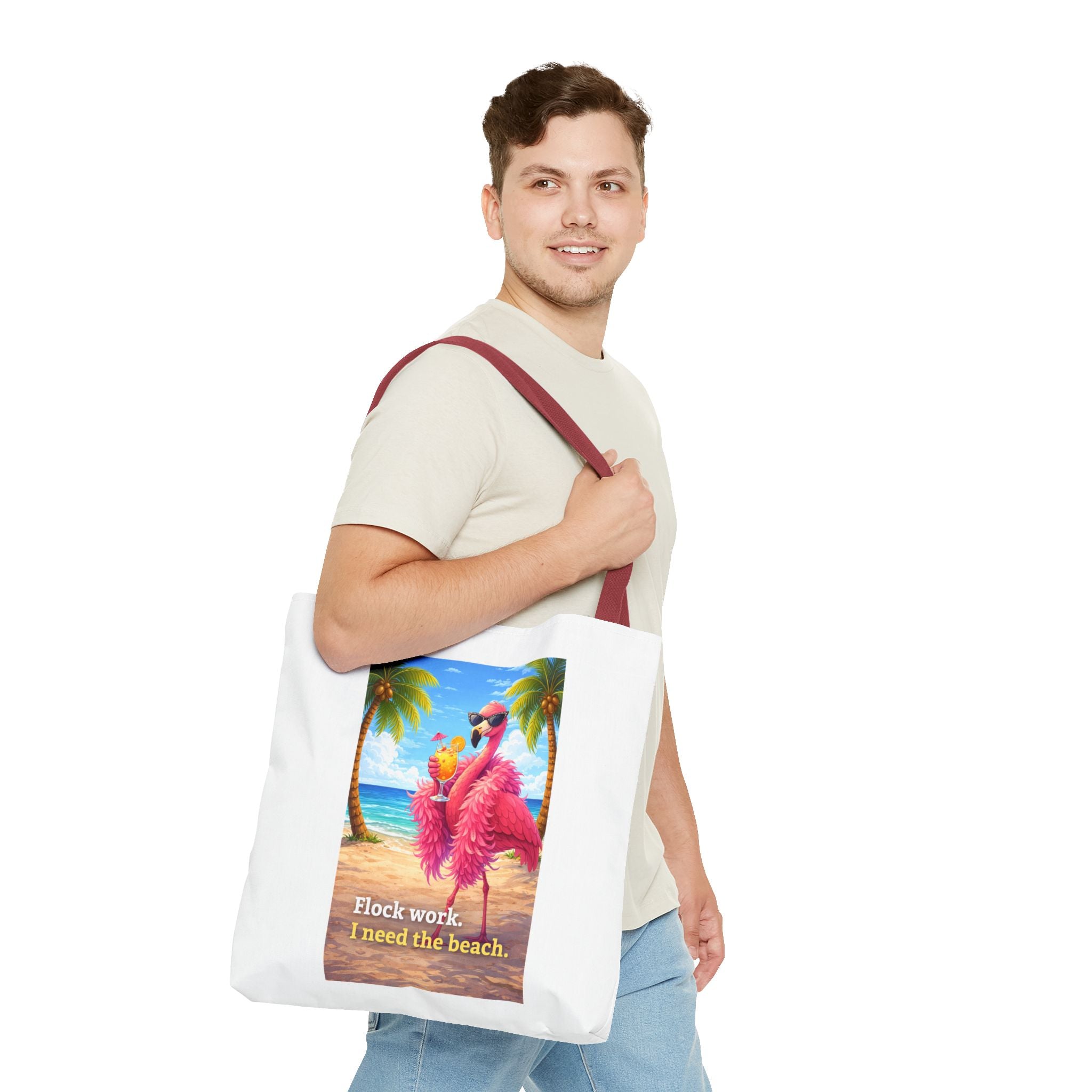 Beach Flamingo Tote Bag — "Flock Work, I Need the Beach" Cute Summer Beach Bag