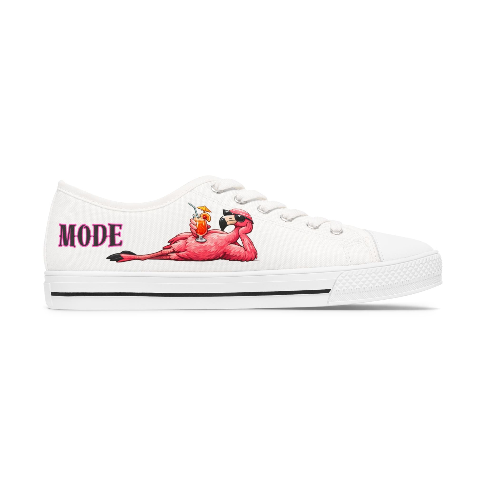 Beach Mode Flamingo Women's Low Top Sneakers - Relaxing with a Drink Print