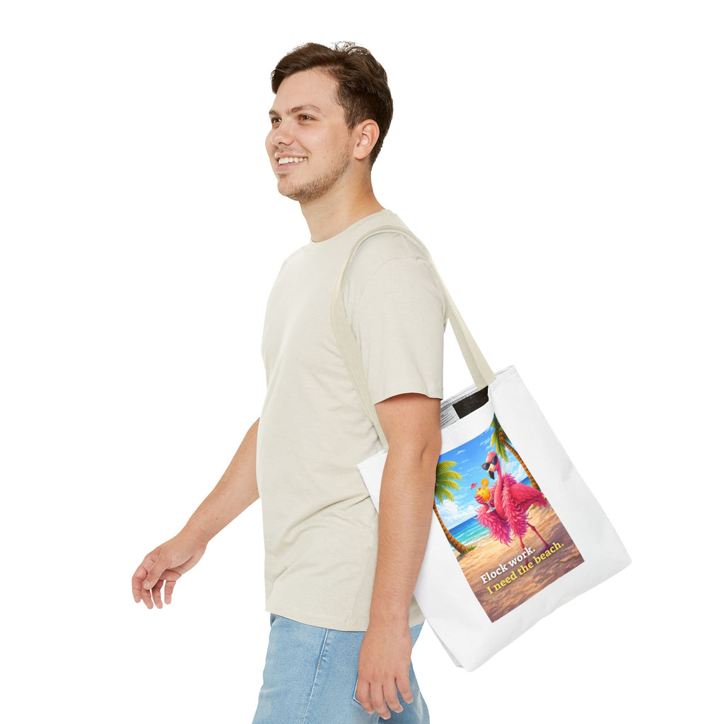 Beach Flamingo Tote Bag — "Flock Work, I Need the Beach" Cute Summer Beach Bag