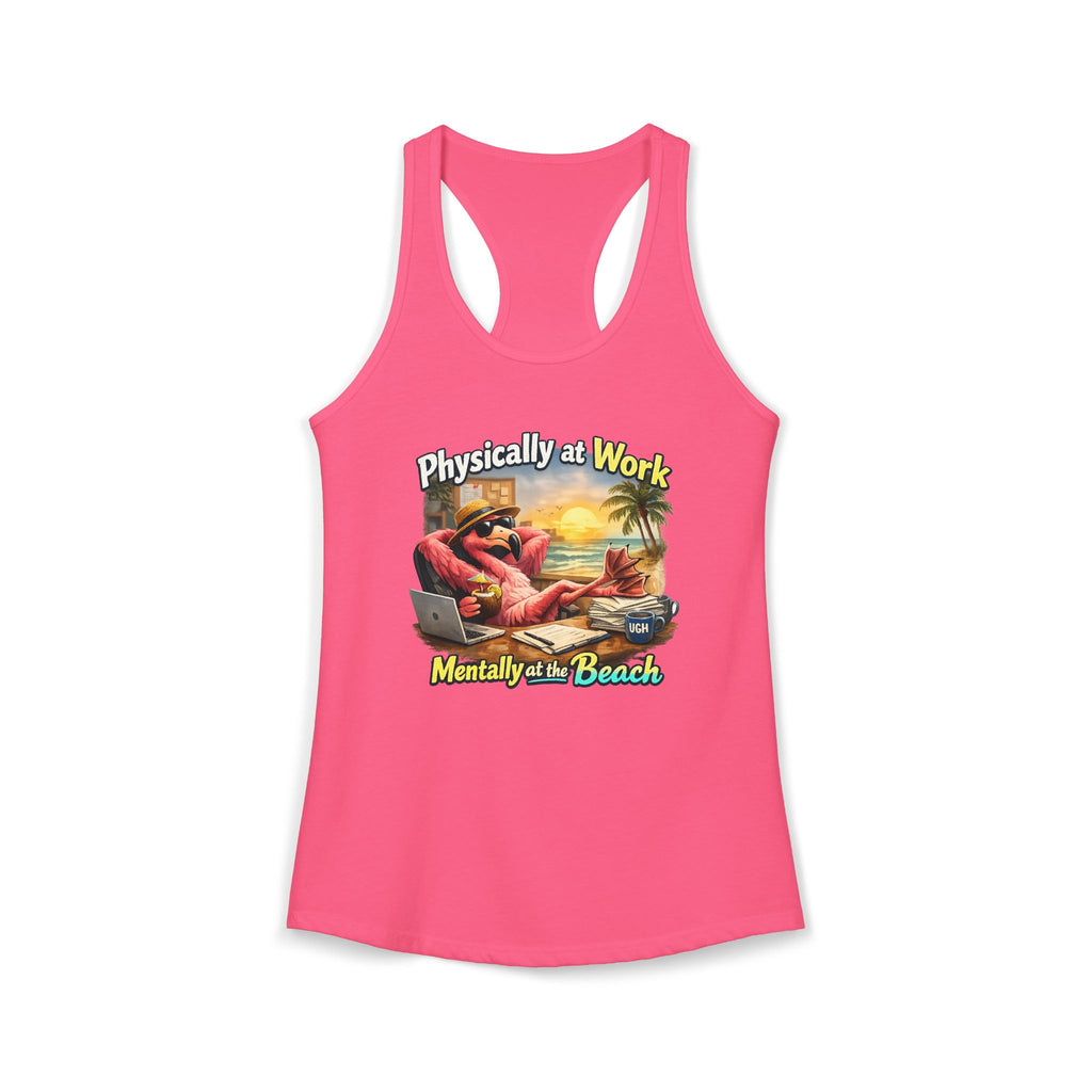 Physically at Work Mentally at the Beach Women's Racerback Tank - Funny Crab Graphic