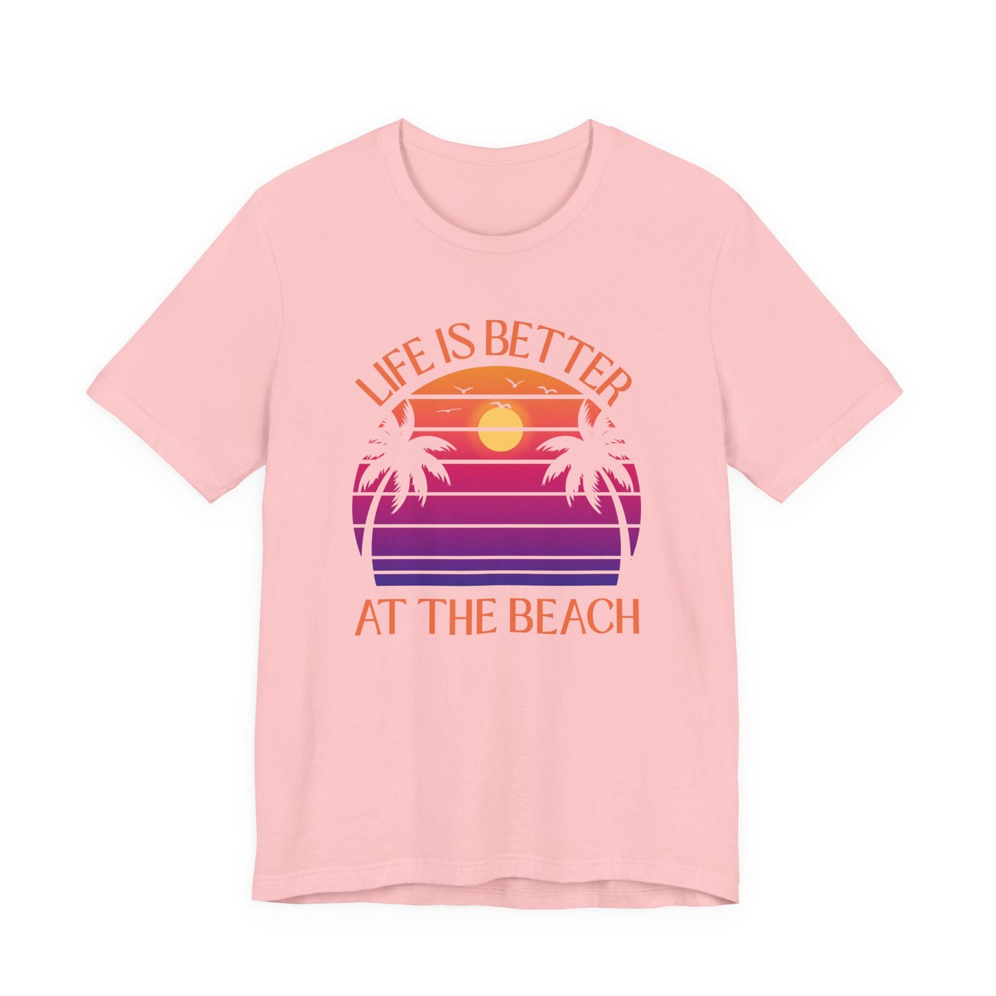 Life Is Better At The Beach Unisex T-Shirt - Retro Sunset Palm - Orange Lettering