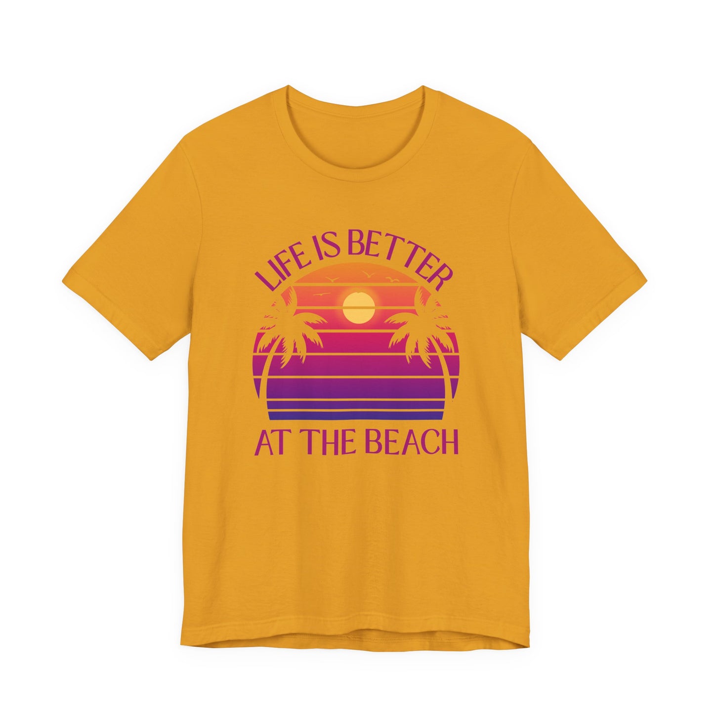 Life Is Better At The Beach Unisex T-Shirt - Palm Sunset Beach Pinkish/Purple Lettering