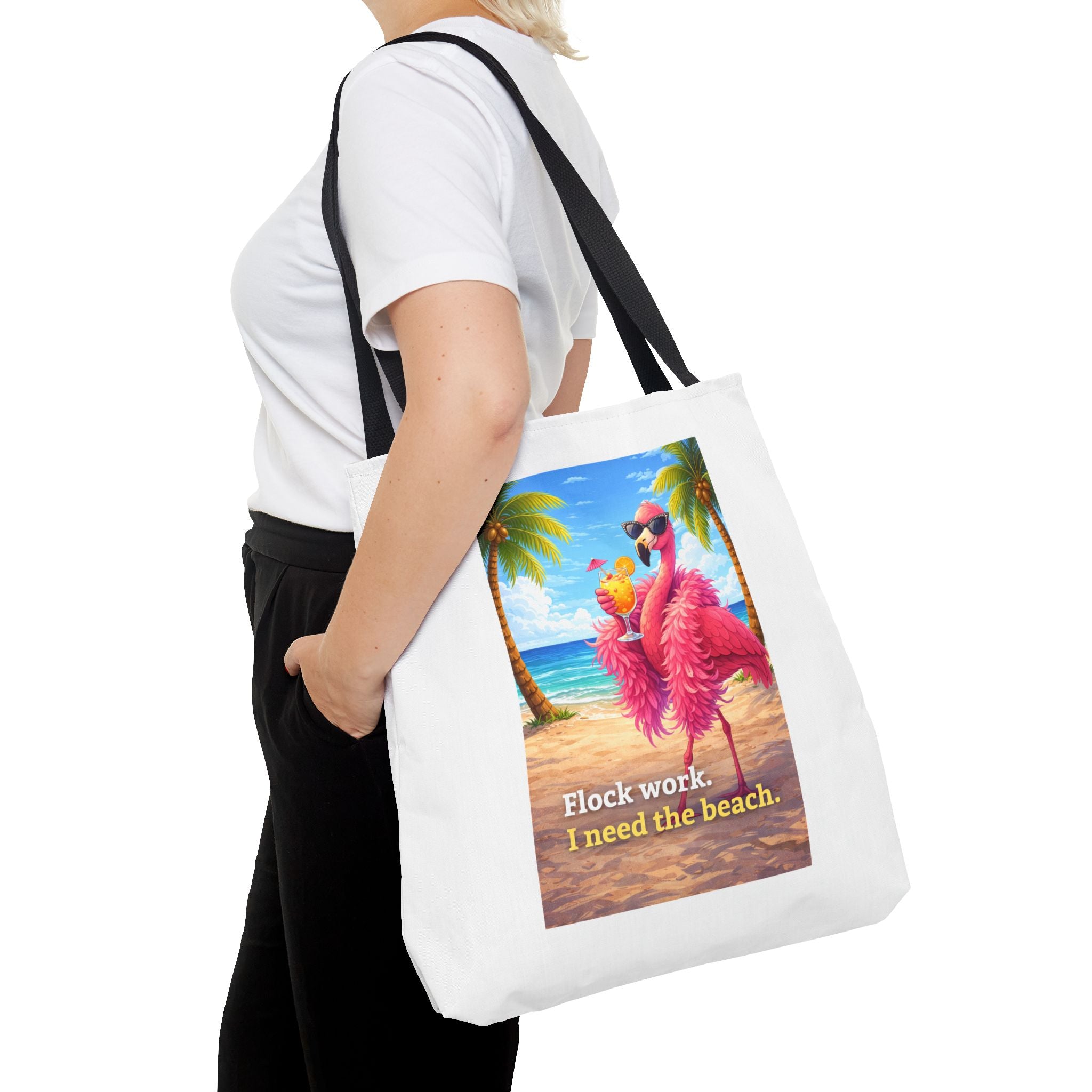 Beach Flamingo Tote Bag — "Flock Work, I Need the Beach" Cute Summer Beach Bag