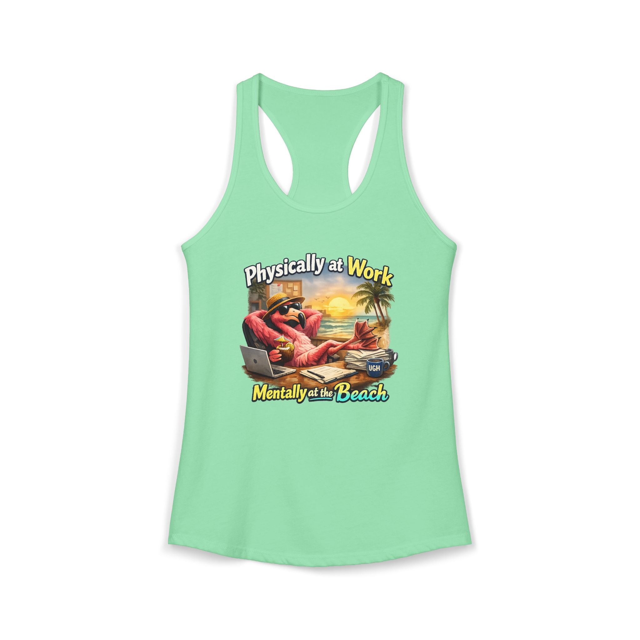 Physically at Work Mentally at the Beach Women's Racerback Tank - Funny Crab Graphic