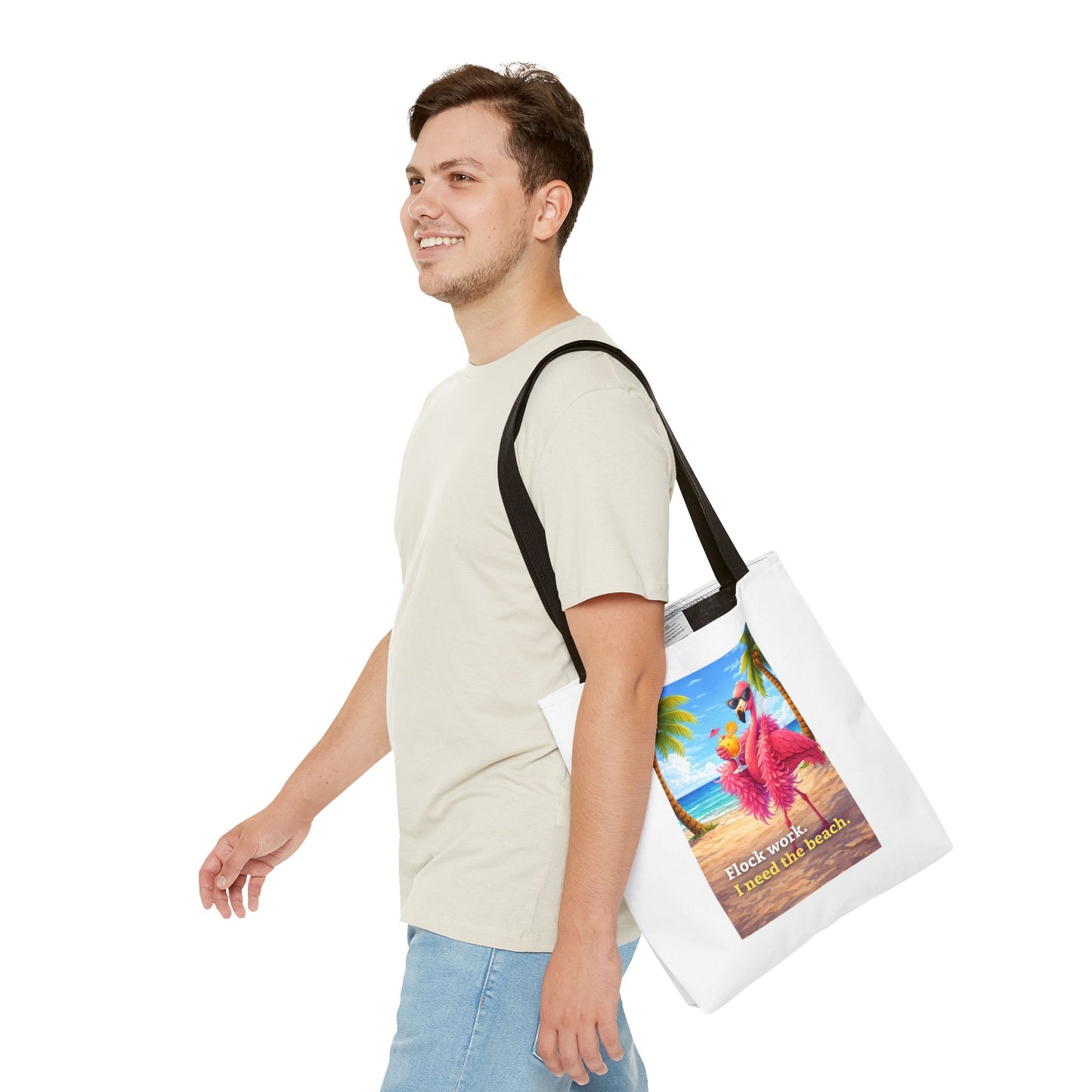 Beach Flamingo Tote Bag — "Flock Work, I Need the Beach" Cute Summer Beach Bag