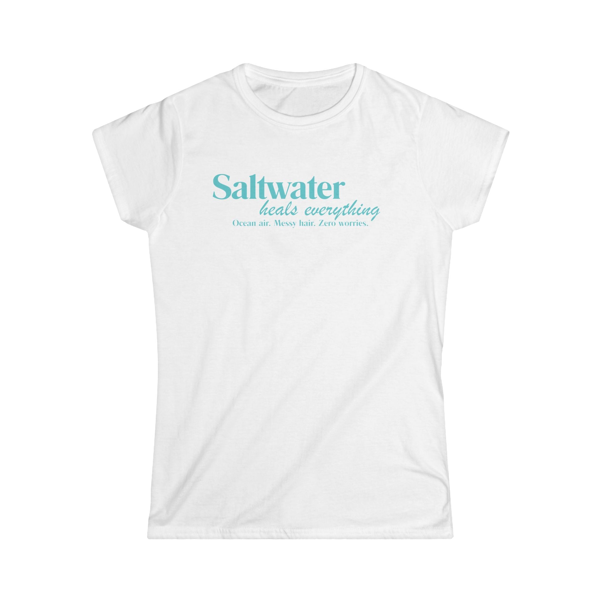 Saltwater Heals Everything Women's Tee - Beachy Coastal Graphic Shirt Blue Lettering
