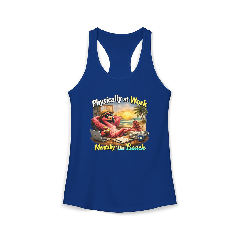 Physically at Work Mentally at the Beach Women's Racerback Tank - Funny Crab Graphic