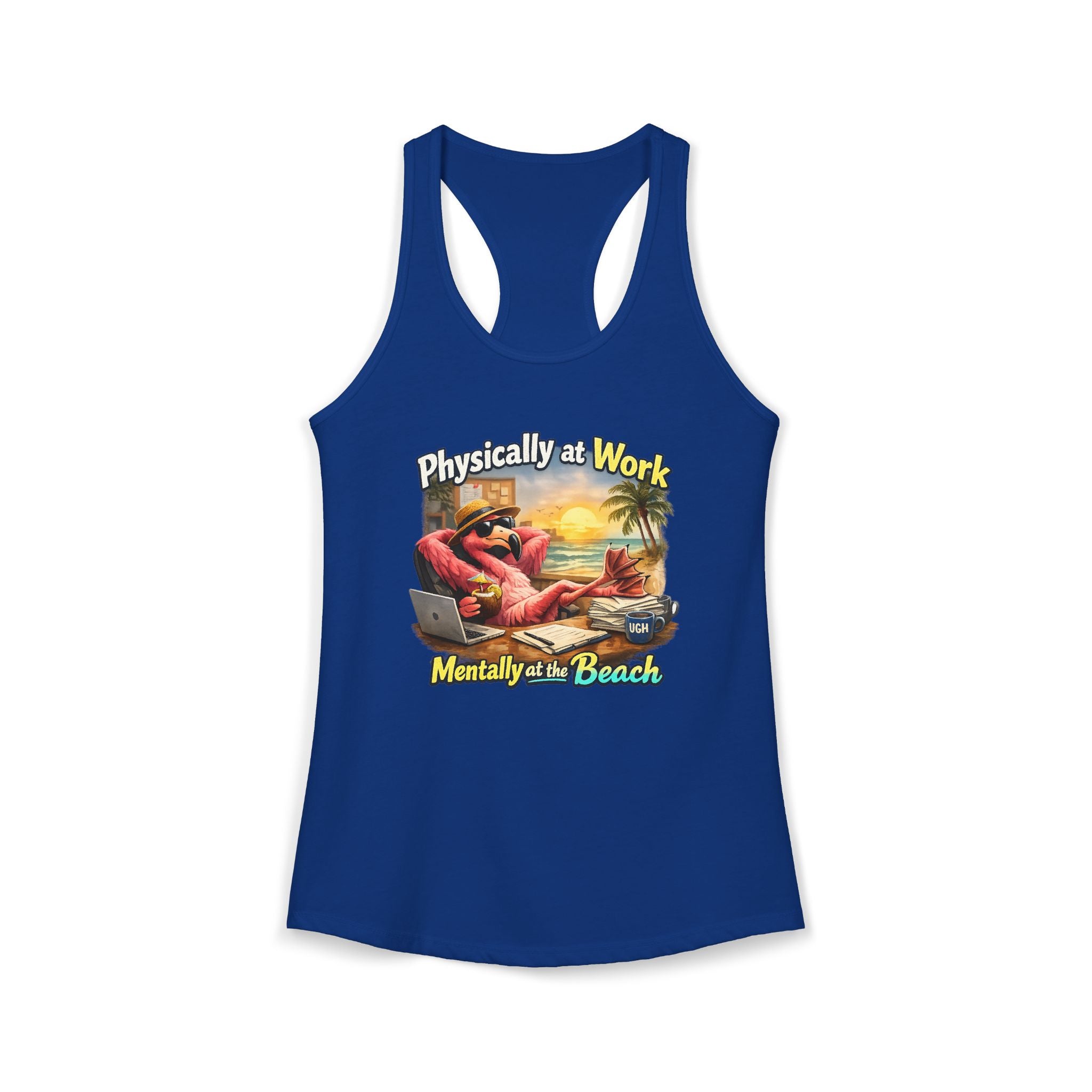 Physically at Work Mentally at the Beach Women's Racerback Tank - Funny Crab Graphic