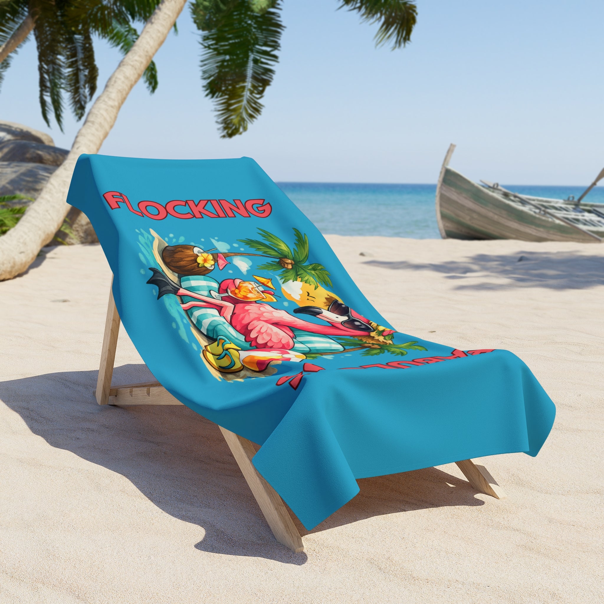 Flocking Fabulous Flamingo Turquoise Beach Towel — Tropical Summer Pool & Beach Towel