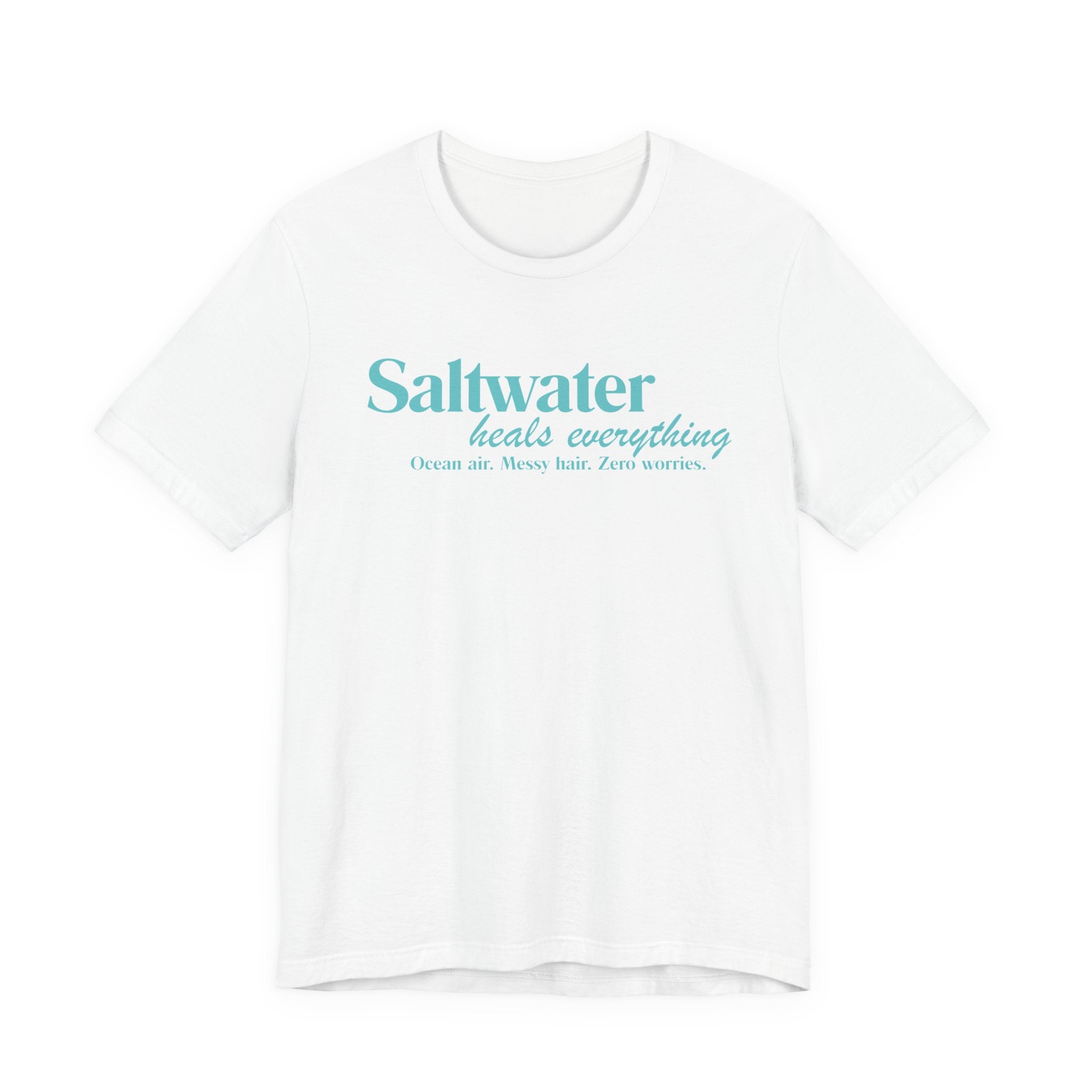 Saltwater Heals Everything Unisex Tee - Beachy Coastal Vacation Shirt Light Blue Letters