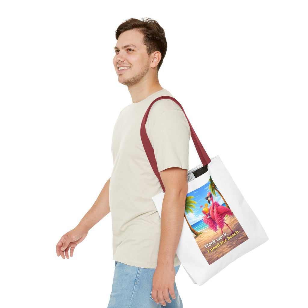 Beach Flamingo Tote Bag — "Flock Work, I Need the Beach" Cute Summer Beach Bag