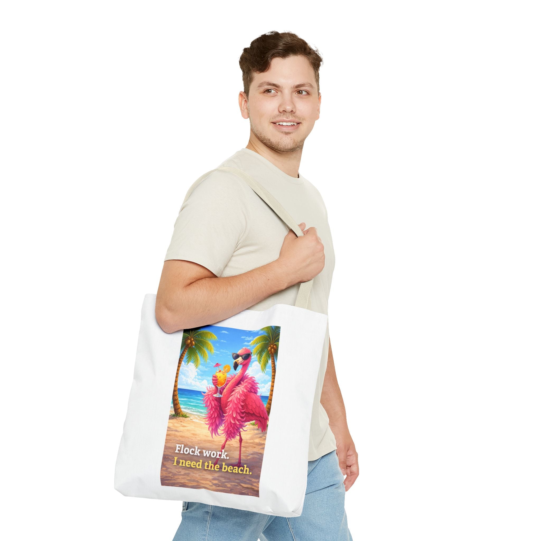 Beach Flamingo Tote Bag — "Flock Work, I Need the Beach" Cute Summer Beach Bag