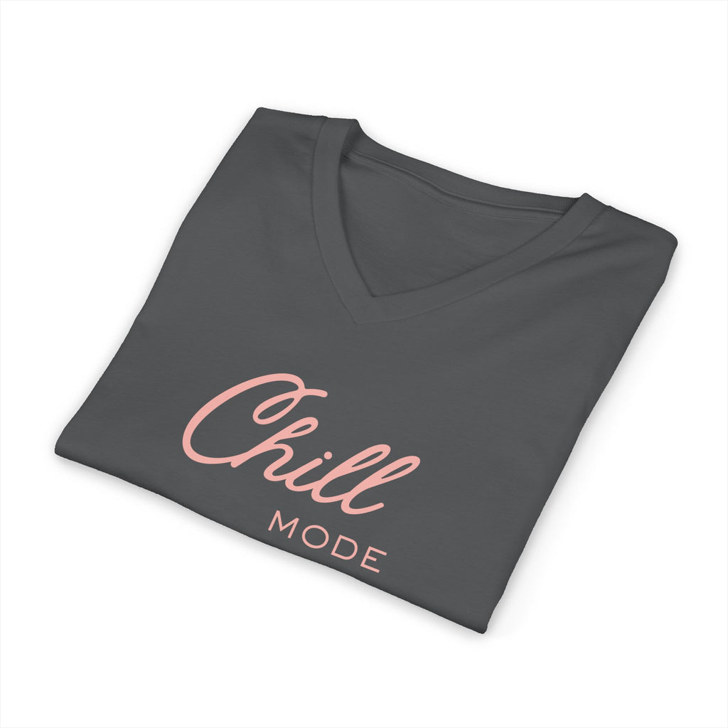 Chill Mode V-Neck Tee — Relaxed 'Chill Mode' Graphic T-Shirt pink lettering