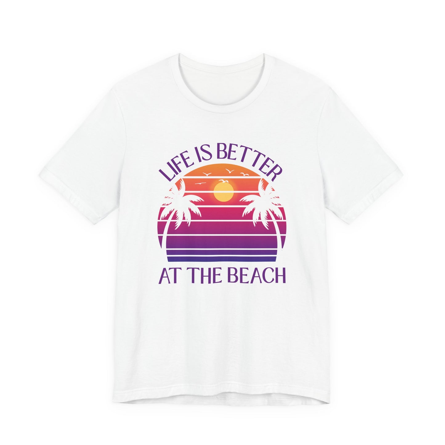 Life Is Better At The Beach Unisex T-Shirt - Retro Sunset Palm Tree Purple Lettering