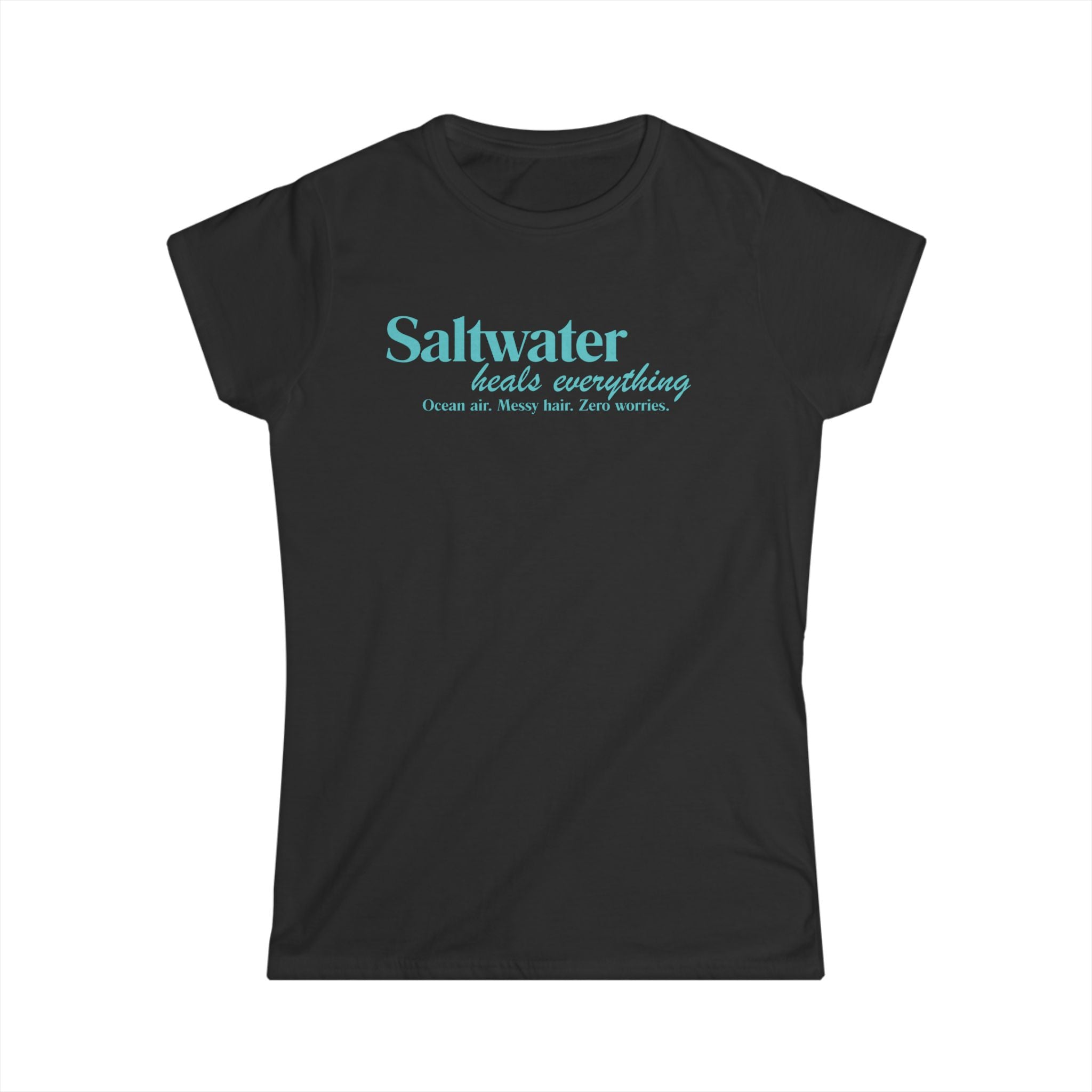 Saltwater Heals Everything Women's Tee - Beachy Coastal Graphic Shirt Blue Lettering