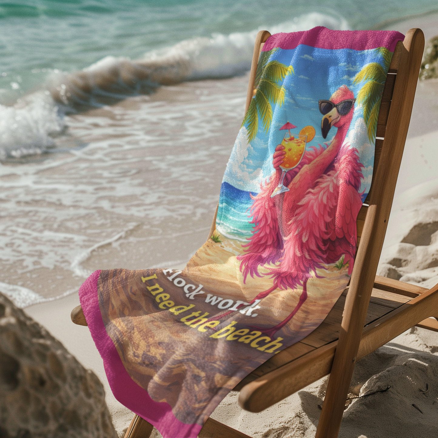 Beach / Lake Towel - 'Flock Work, I Need the Beach' Flamingo Tropical Towel