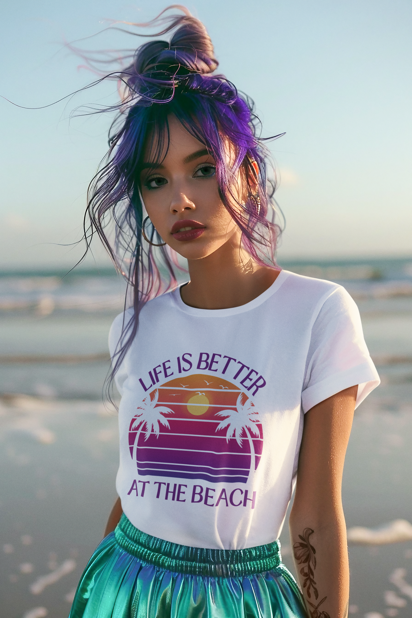 Life Is Better At The Beach Unisex T-Shirt - Retro Sunset Palm Tree Purple Lettering
