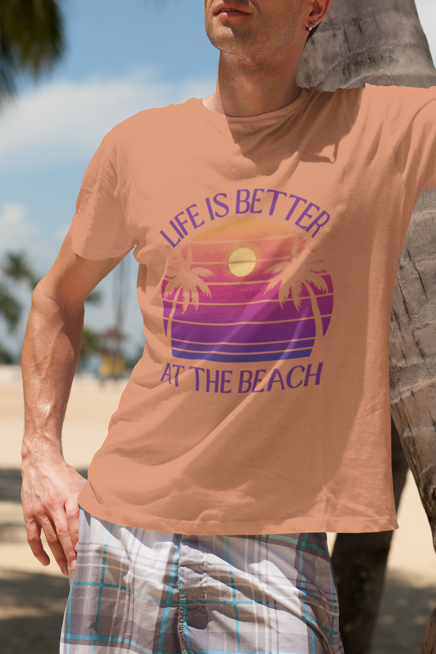 Life Is Better At The Beach Unisex T-Shirt - Retro Sunset Palm Tree Purple Lettering