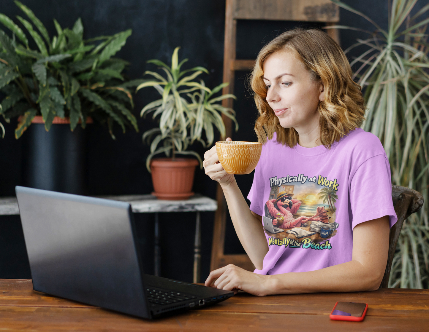 Physically at Work Mentally at the Beach Unisex T-Shirt - Funny Flamingo Graphic Shirt