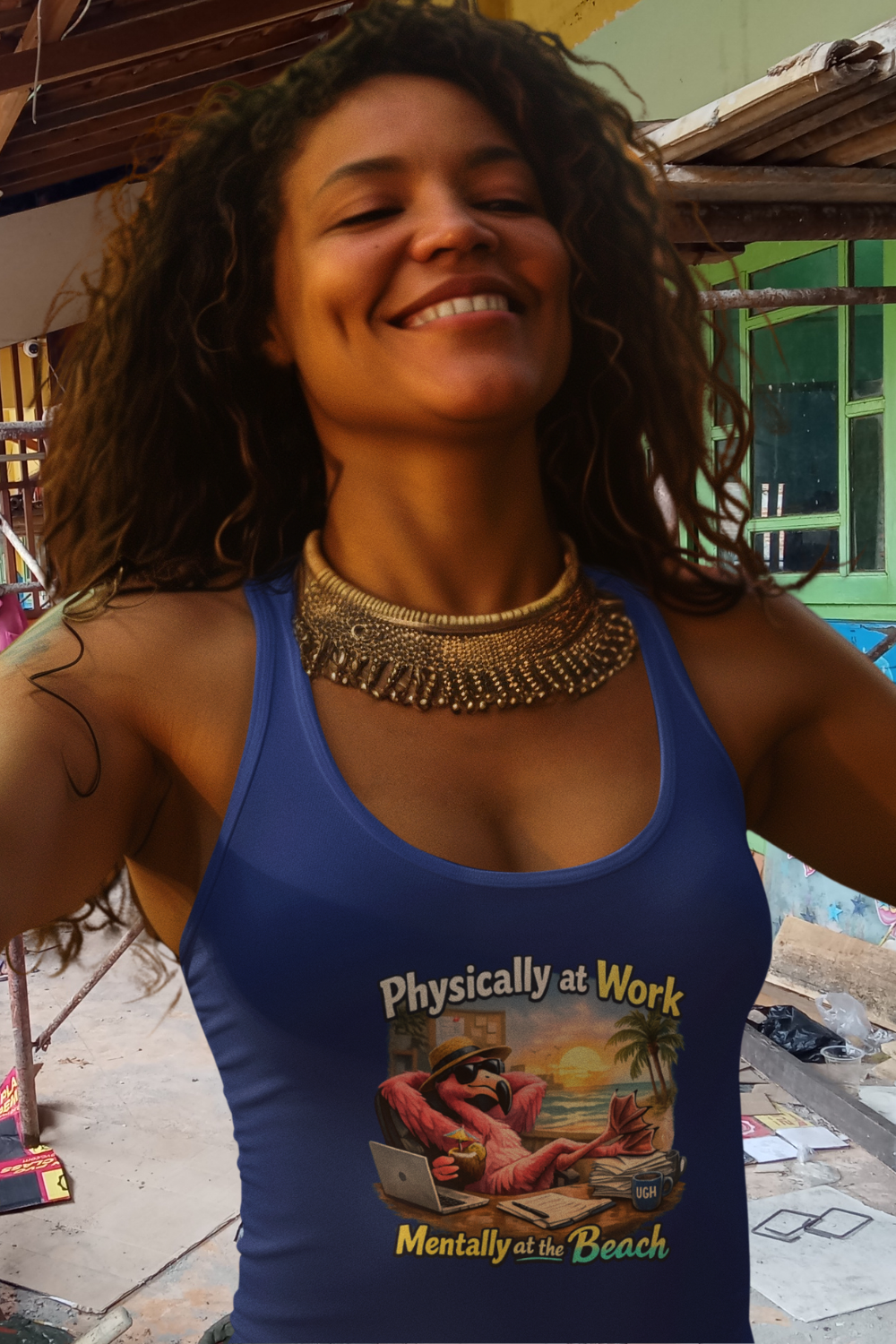 Physically at Work Mentally at the Beach Women's Racerback Tank - Funny Flamingo  T-shirt