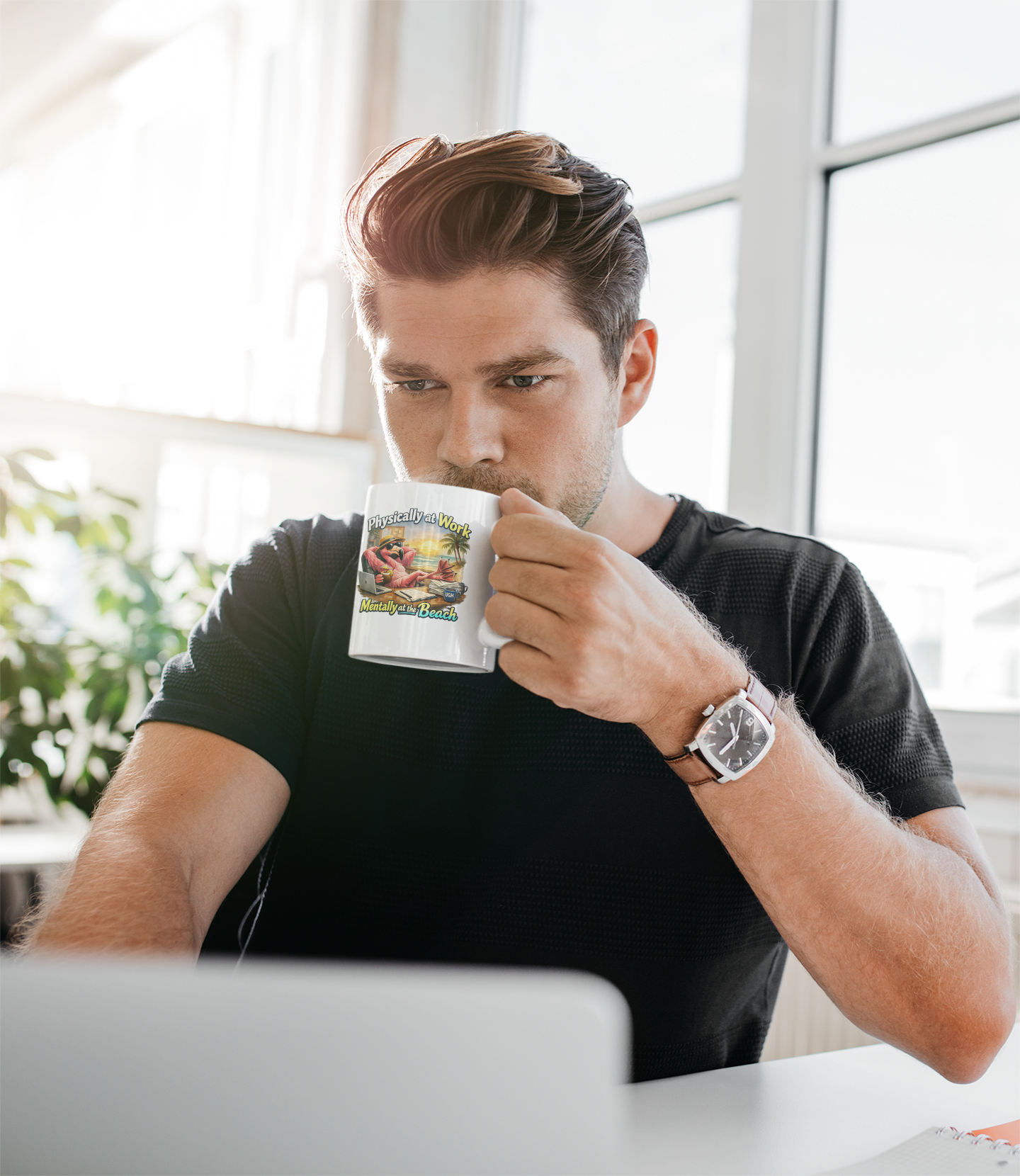 Coffee Mug - "Physically at Work, Mentally at the Beach" Tropical Office Humor 11oz