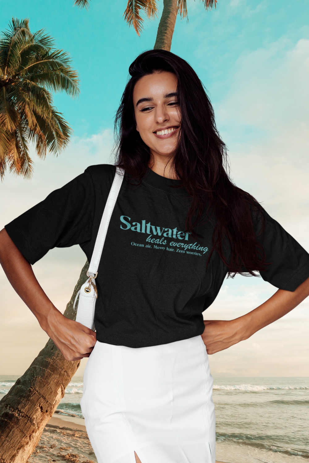 Saltwater Heals Everything Unisex Tee - Beachy Coastal Vacation Shirt Light Blue Letters