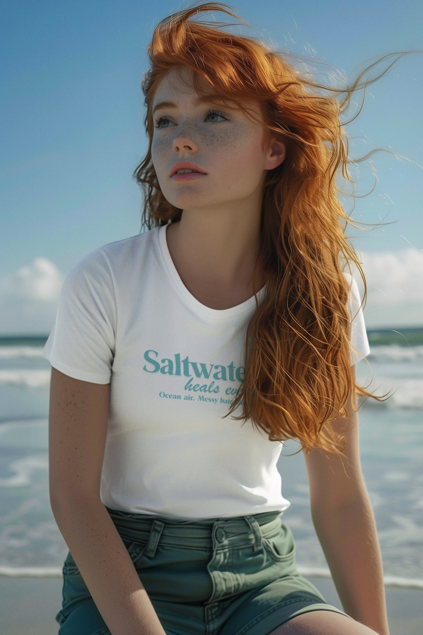 Saltwater Heals Everything Women's T-Shirt - Beach Coastal Graphic Shirt Blue Lettering