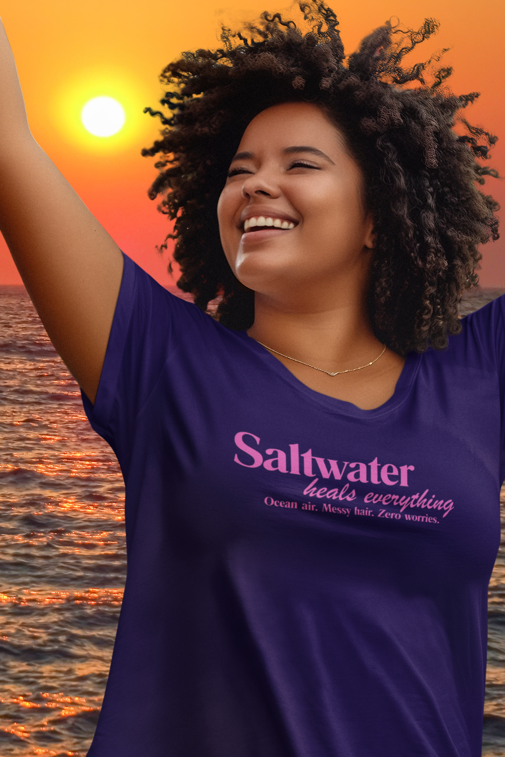 Saltwater Heals Everything Women's  T-Shirt - Pink Script Beach Shirt