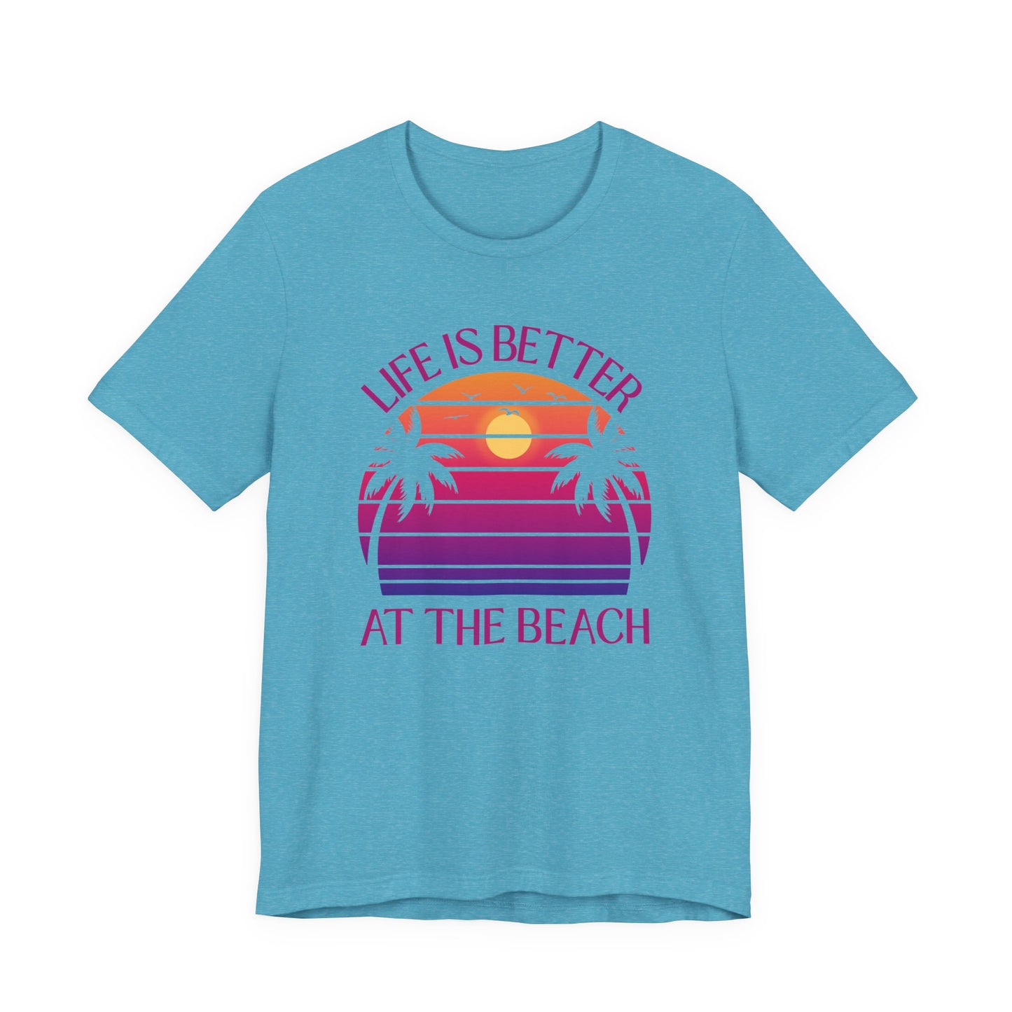 Life Is Better At The Beach Unisex T-Shirt - Palm Sunset Beach Pinkish/Purple Lettering