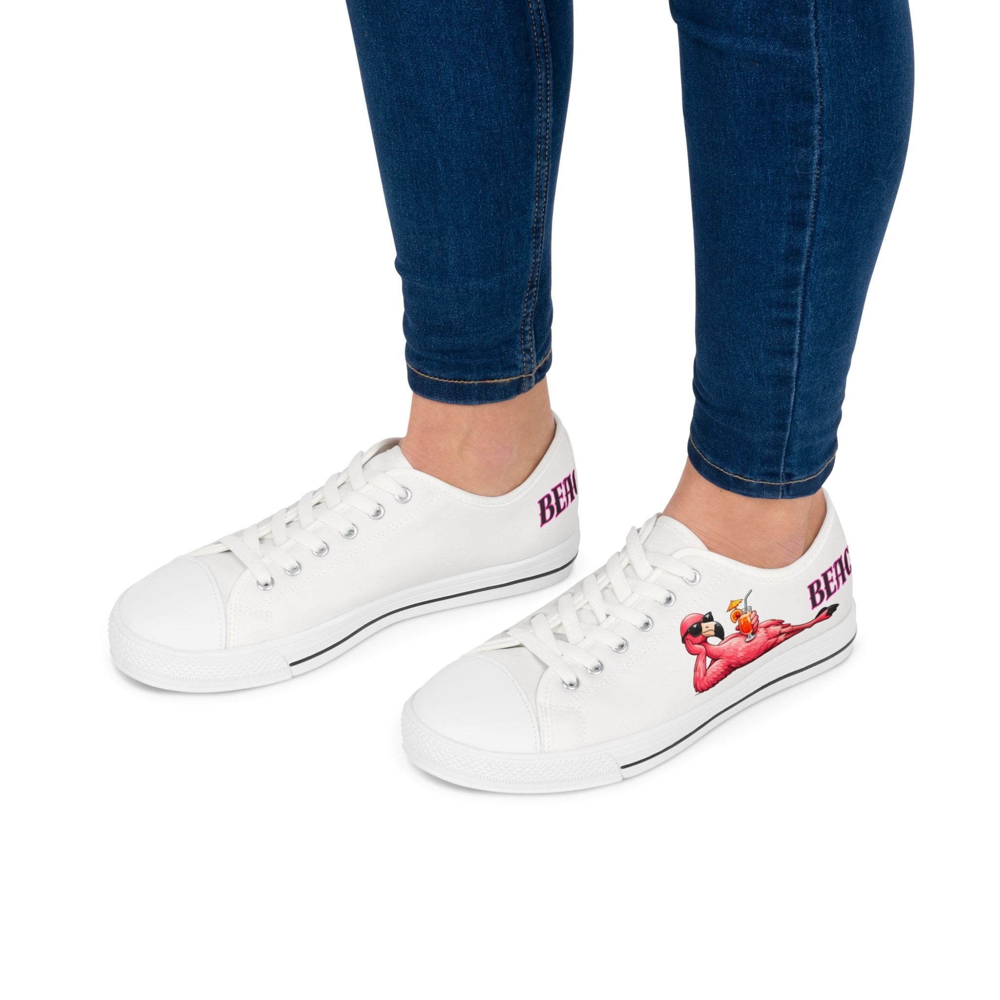 Beach Mode Flamingo Women's Low Top Sneakers - Relaxing with a Drink Print