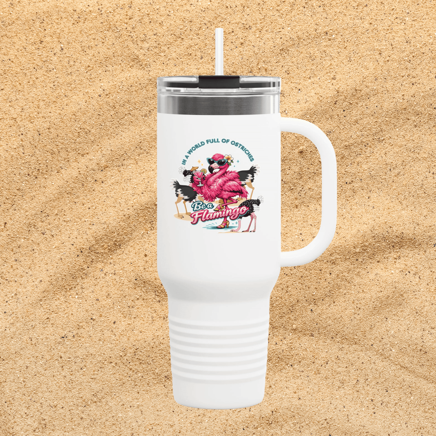 40oz Insulated Travel Drink Mug - Retro Flamingo Beach Vibes Tumbler