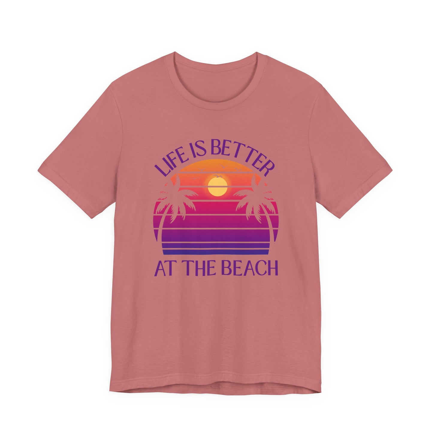 Life Is Better At The Beach Unisex T-Shirt - Retro Sunset Palm Tree Purple Lettering
