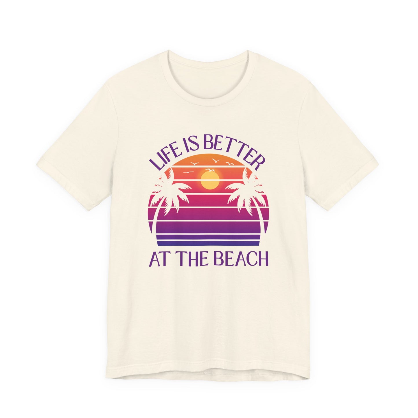 Life Is Better At The Beach Unisex T-Shirt - Retro Sunset Palm Tree Purple Lettering
