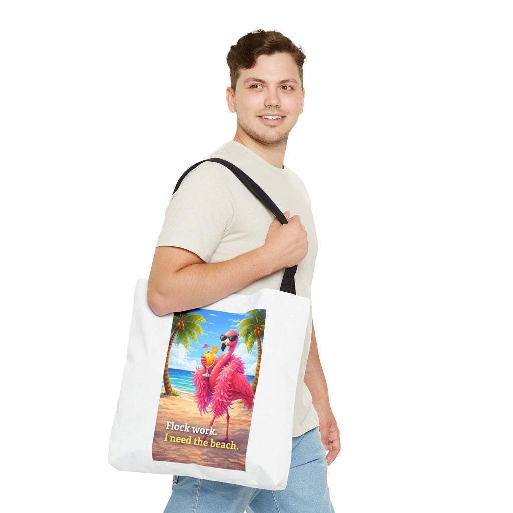 Beach Flamingo Tote Bag — "Flock Work, I Need the Beach" Cute Summer Beach Bag
