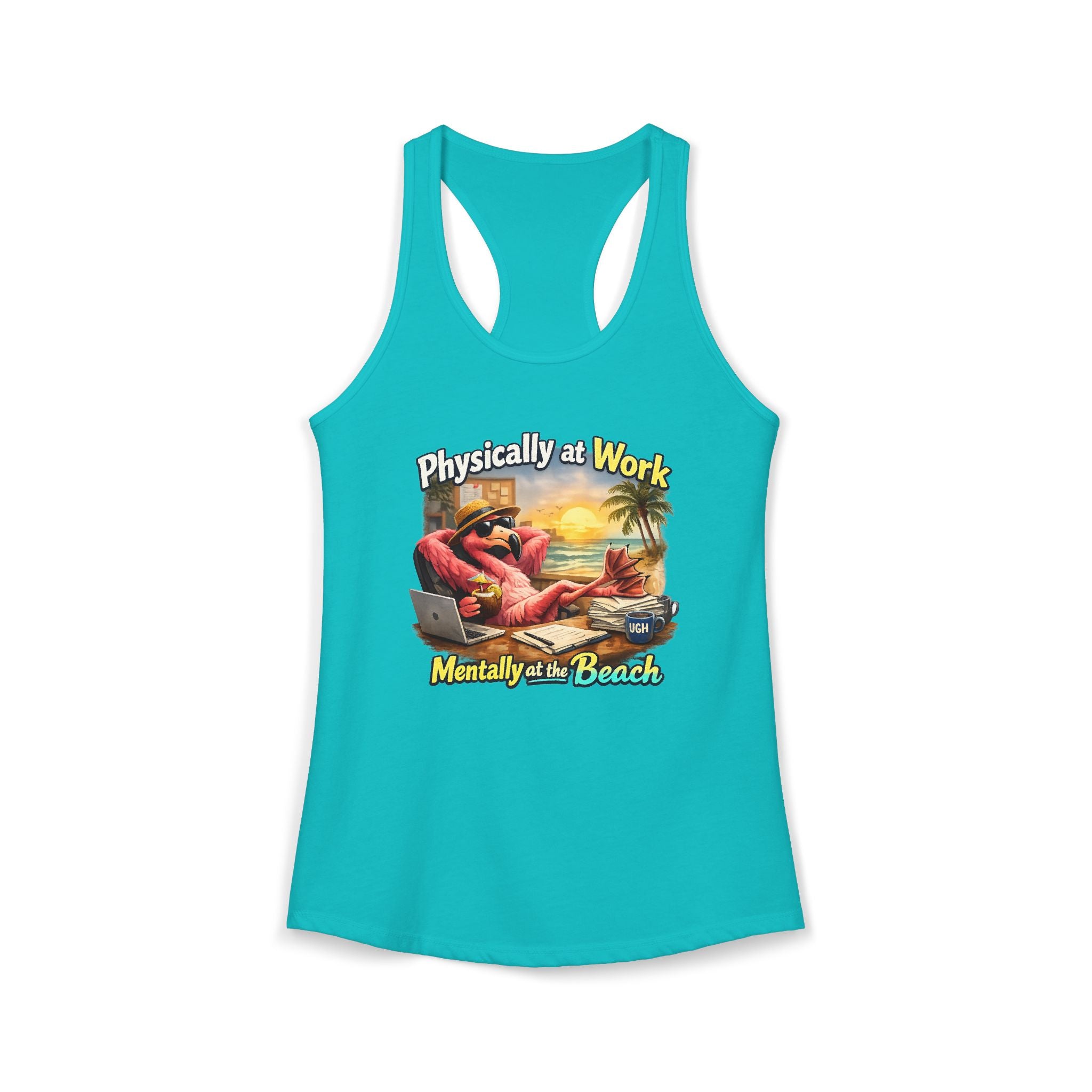 Physically at Work Mentally at the Beach Women's Racerback Tank - Funny Crab Graphic