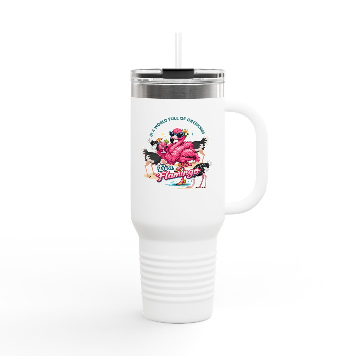 40oz Insulated Travel Drink Mug - Retro Flamingo Beach Vibes Tumbler