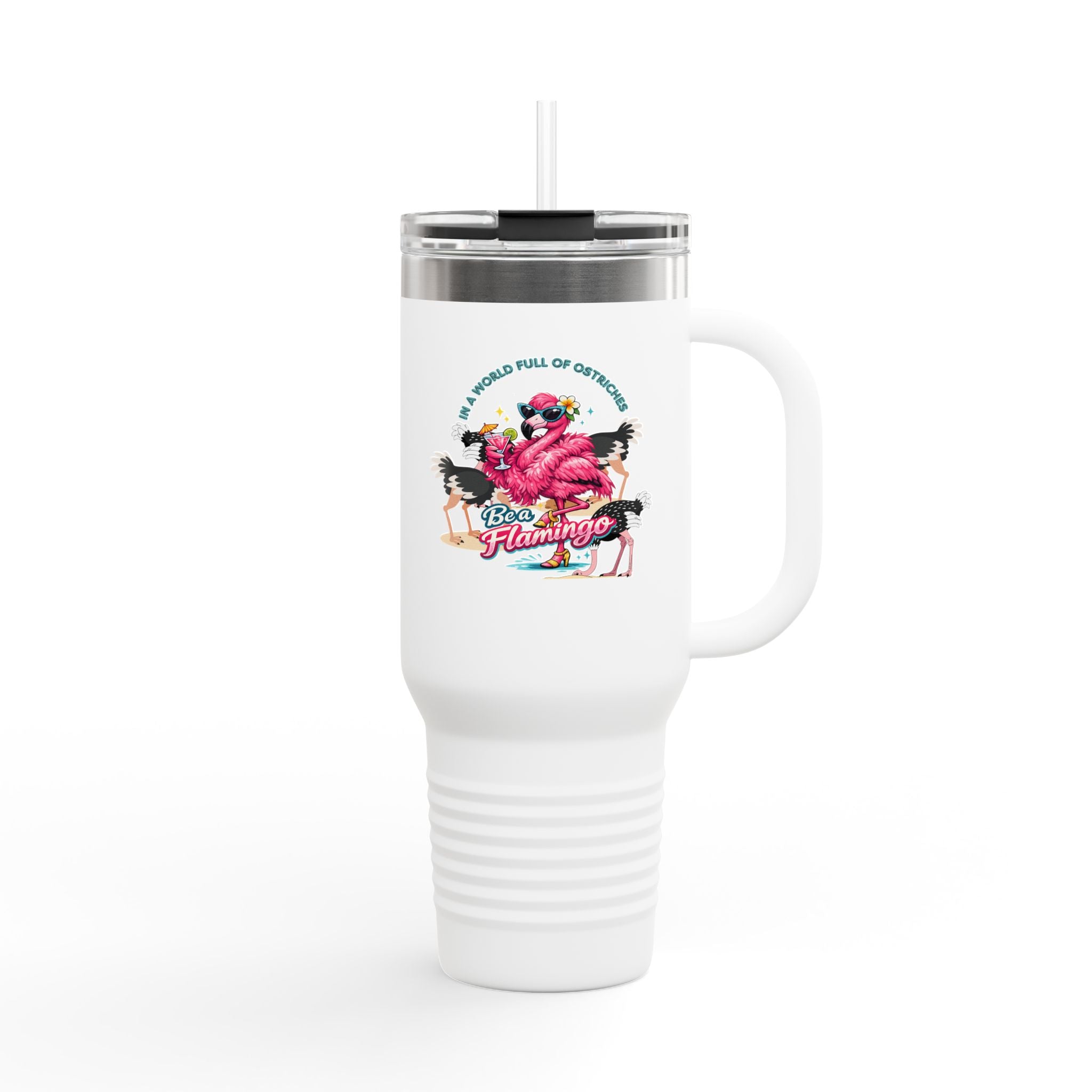 40oz Insulated Travel Mug - Retro Flamingo Beach Vibes Tumbler