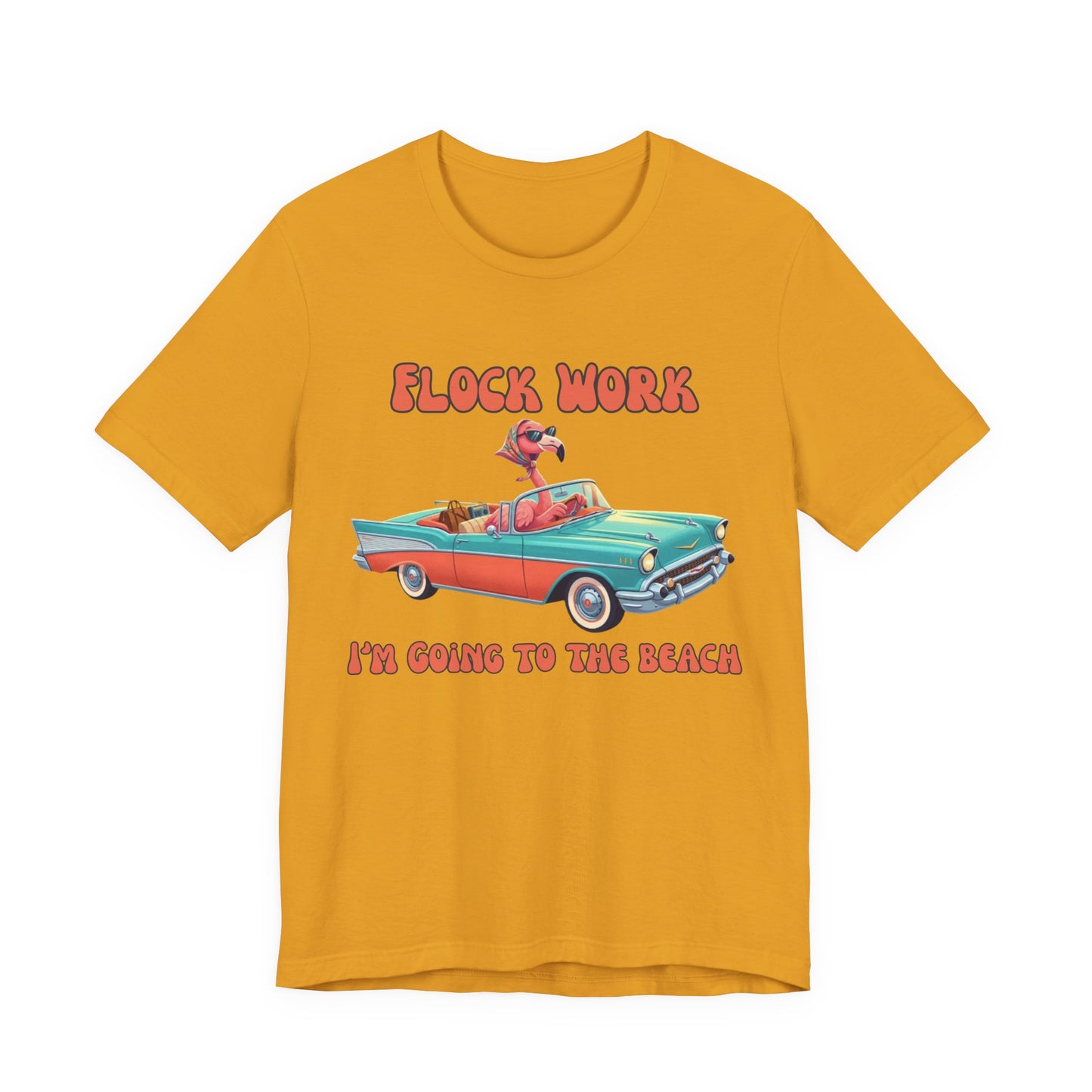 Flock Work I’m Going to the Beach Shirt, Retro Vacation Graphic, Funny Coastal Road Trip, Flamingo Convertible Tee
