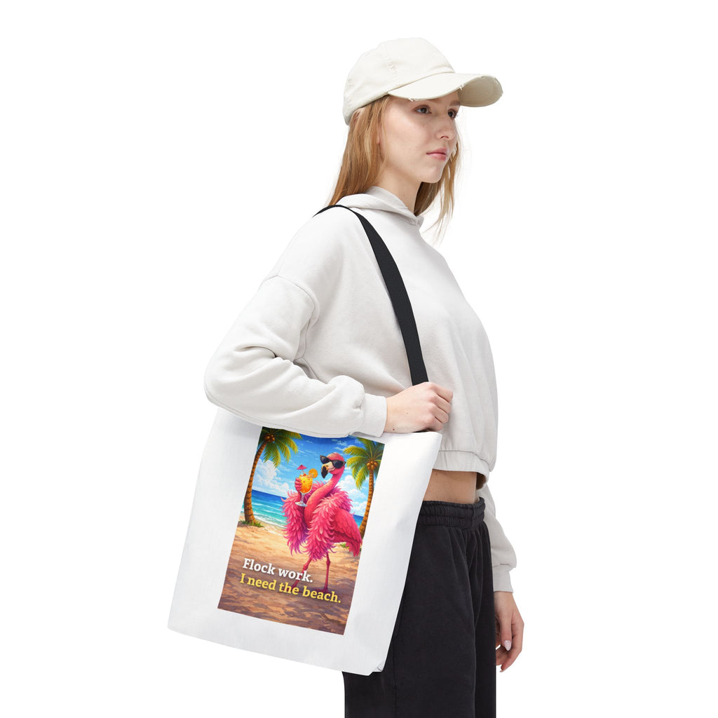 Beach Flamingo Tote Bag — "Flock Work, I Need the Beach" Cute Summer Beach Bag