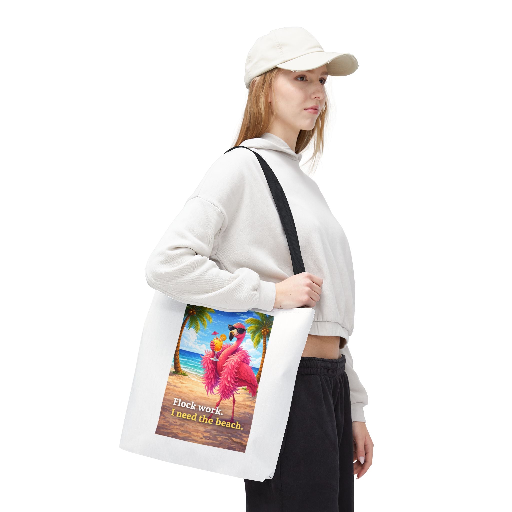 Beach Flamingo Tote Bag — "Flock Work, I Need the Beach" Cute Summer Beach Bag