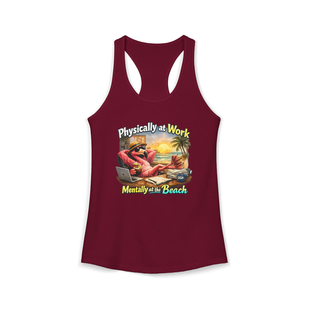 Physically at Work Mentally at the Beach Women's Racerback Tank - Funny Crab Graphic
