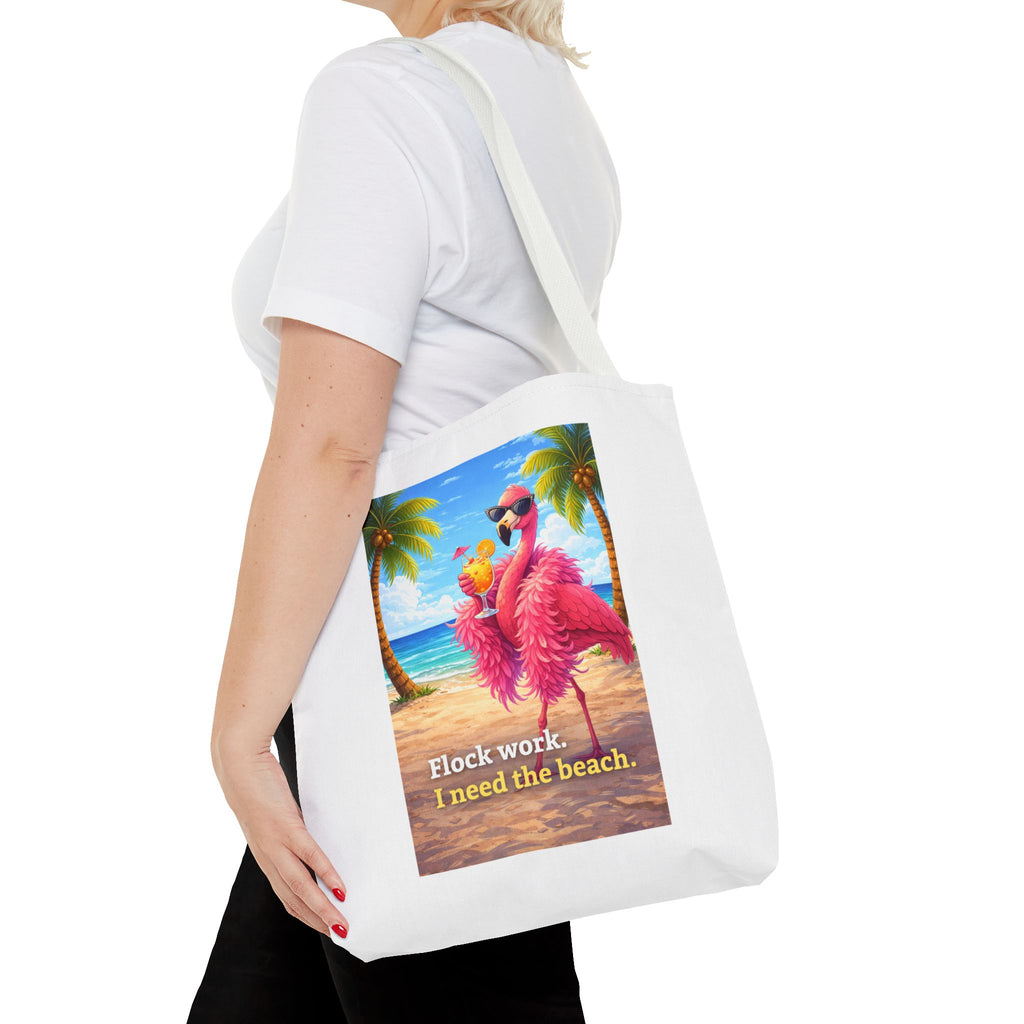 Beach Flamingo Tote Bag — "Flock Work, I Need the Beach" Cute Summer Beach Bag