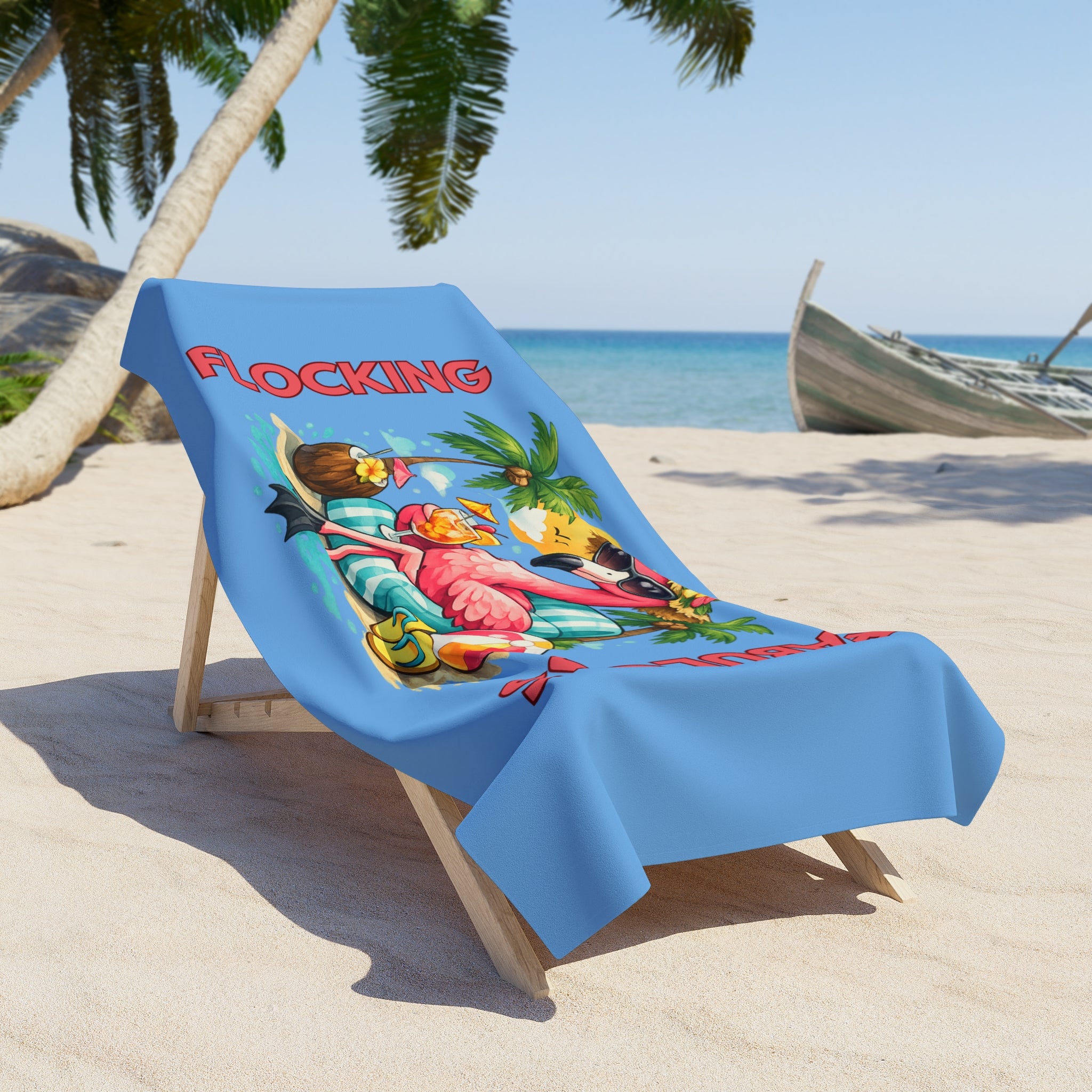 Flocking Fabulous Flamingo Blue Beach Towel — Tropical Summer Pool & Beach Towel