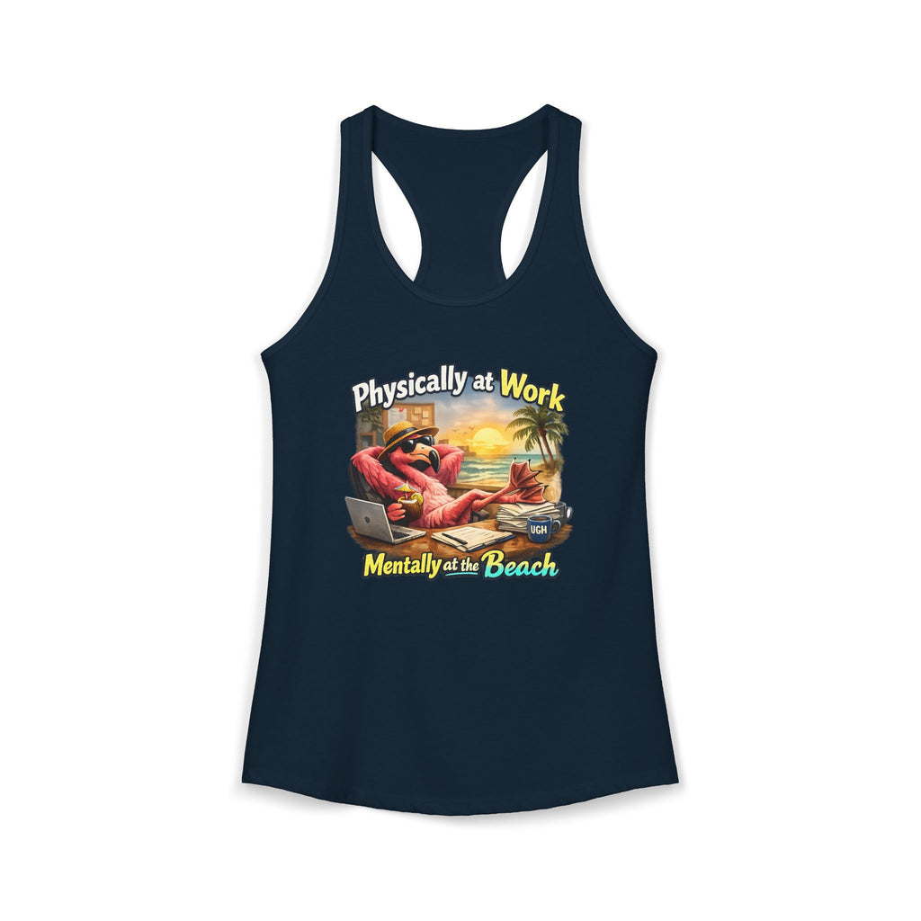 Physically at Work Mentally at the Beach Women's Racerback Tank - Funny Crab Graphic
