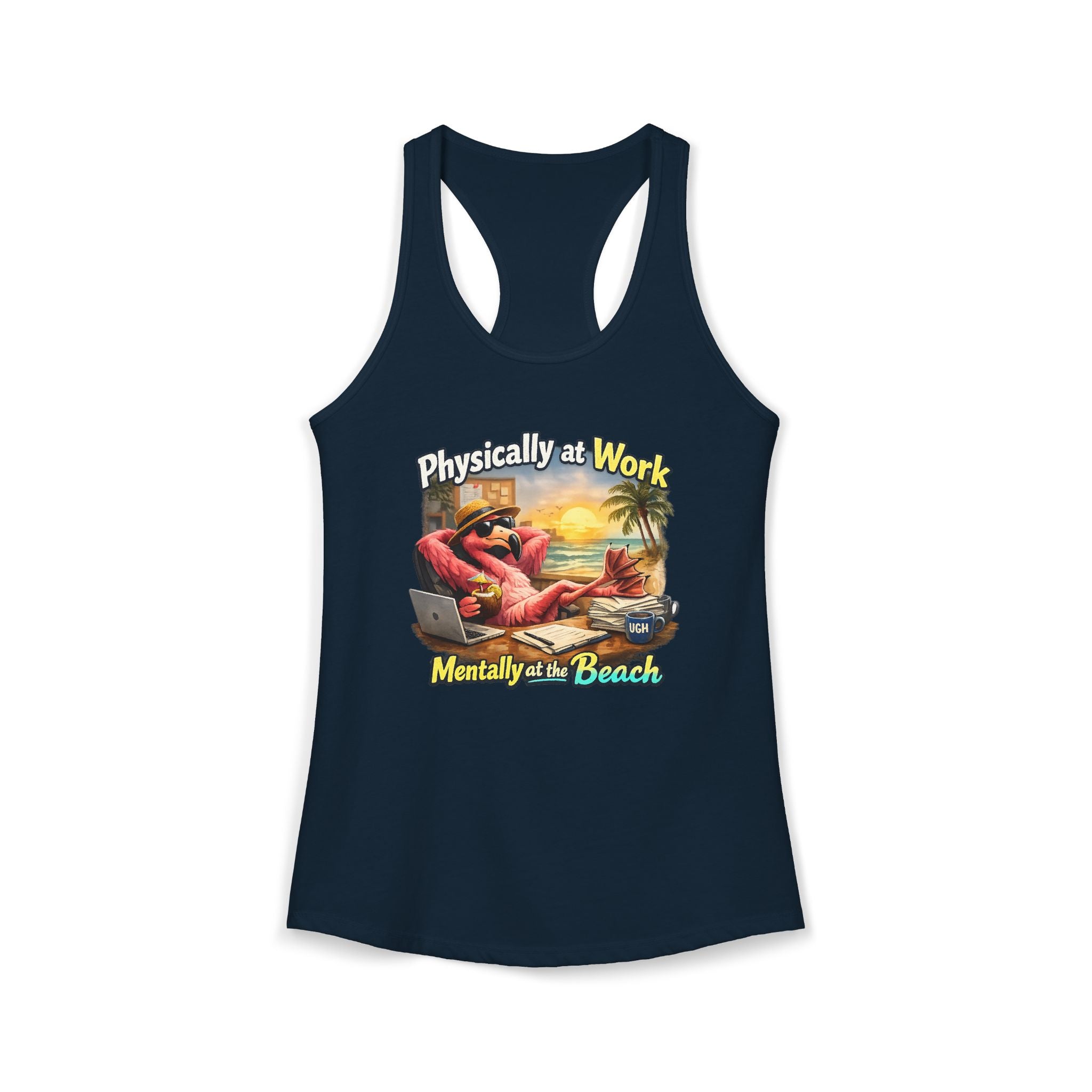 Physically at Work Mentally at the Beach Women's Racerback Tank - Funny Crab Graphic