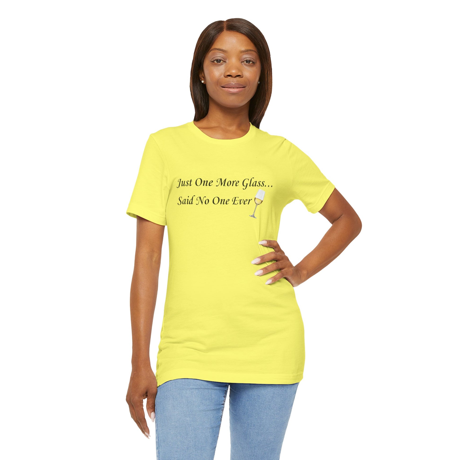 Woman wearing a yellow t-shirt with text and a graphic on a white background